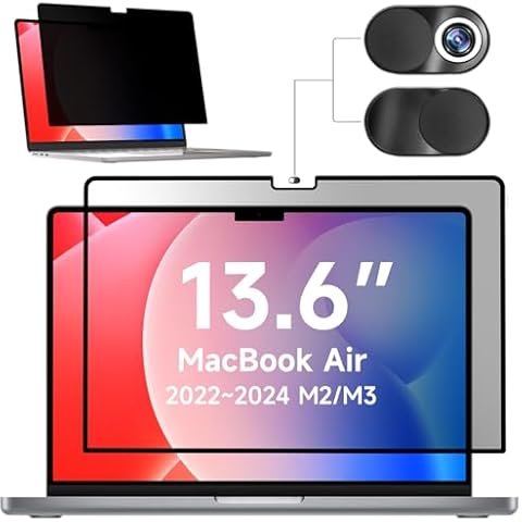 Mamol Privacy Screen for MacBook Air 13.6 Inch (2022-2024, M2, M3) - A2681, A3113, MagicSuction™ Removable Vacuum Adsorption Anti Spy,Anti Glare Anti Blue Light Filter for Mac Laptop Computer Cover