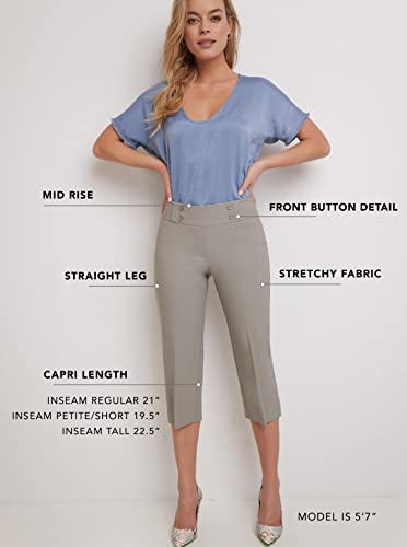 Rekucci Women’s Comfort Stretch Pull-On Capri Pants with Button Detail – Everyday Casual Wear (8, White)