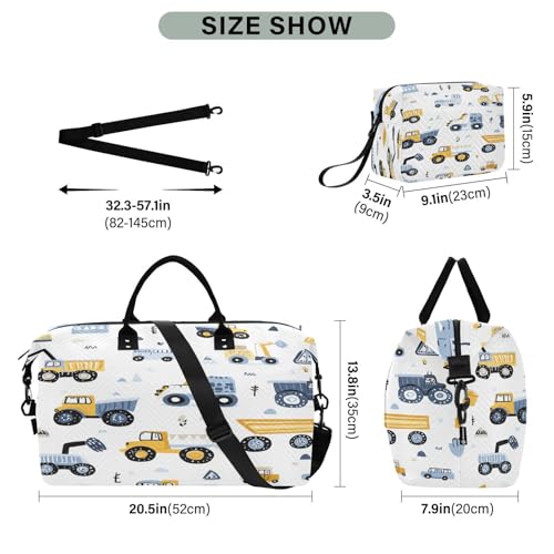 Travel Duffle Bag Weekender Bags Overnight Bag with Toiletry Bag Gym Duffel Bag Yellow Blue Build Construction Transport Car for Travel Business Trips Sport3