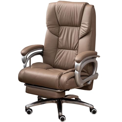 Genuine Leather Office Chair, Comfort Executive Computer Chair Ergonomic Swivel Task Chair with Adjustable Back and Footrest for Heavy People,Khaki-One Size