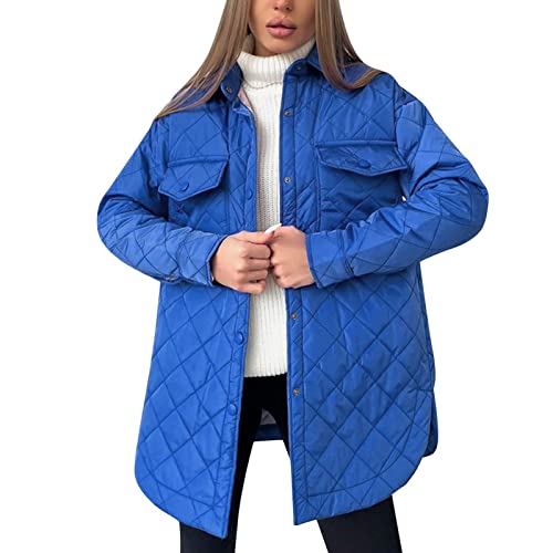 XUETON Chaqueta acolchada con botones para mujer, abrigo de invierno a la moda con cinturón, solapa acolchada extraíble, ropa de abrigo con bolsillos, color azul, azul, XL
