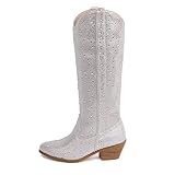CIERWS Women's Rhinestone Boots Knee High Cowgirl Boots Medium Heel Chunky Heel Fashion Retro Classi