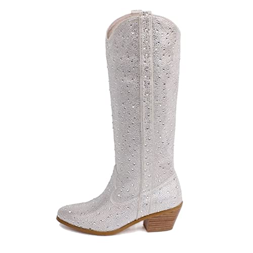 Cierws Women's Rhinestone Boots Knee High Cowgirl Boots Medium Heel Chunky Heel Fashion Retro Classic Boot #TOP8