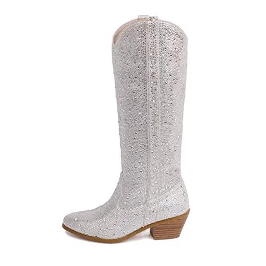 CIERWS Women's Rhinestone Boots Knee High Cowgirl Boots Medium Heel Chunky Heel Fashion Retro Classic Boot