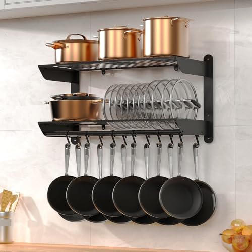 Taozun Pot Rack Wall Mounted 30 Inch, 2-Tier Heavy Duty Pot and Pan Hanging with 12 Hooks, Kitchen Cookware & Utensils Storage Hanger
