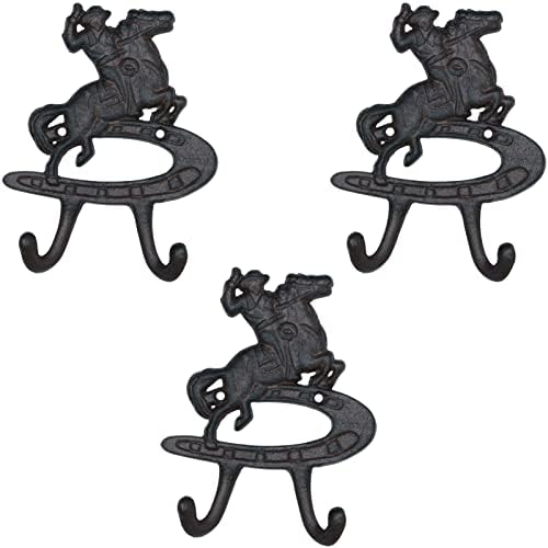 Ontrip Vintage Rustic Cast Iron Cowboy Wall Coat Hooks, Western Cast Iron Wall Hooks 3 Pcs 5.2'', Farmhouse Horse Shoe Vintage Towel Hook for Hats Coats Keys