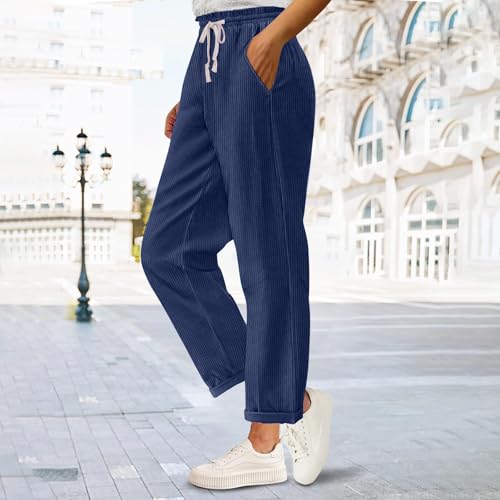 Vintage Corduroy Pants Women Casual Elastic Waist Drawstring Straight Leg Pants Loose Cozy Long Trousers with Pockets2