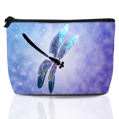 BIGXIUKA Glass Dragonfly Cosmetic Bag Blue Sky Cloud Makeup Bags,Travel Make up Bags for Women Girls Cute Zipper Pouch Toiletry Organizer Bag Travel Essentials