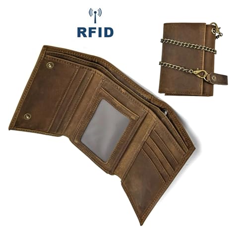Genuine Leather Trifold Wallet With Metal Chain for Men, Crazy Horse Leather RFID Blocking Card Holder with ID Window (Brown & Chain)2