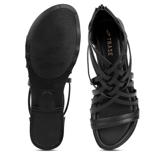 Image of TRASE Gladiator Sandals With Zip Closure Flats For Woman And Girls - Women Sandals - Stylish And Trendy Strappy Design Flat Footwear For College, Office And Beach Wear