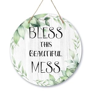 Door Signs For Home Greenery Wooden Door Sign Decor Bless This Beautiful Mess Spring Summer Christian Sign For Round Front Door Farmhouse Porch Sign For Home Decor 12