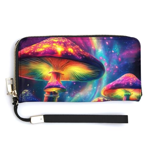 Tie Dye Mushroom Print Leather Wallet Fashion Purse Long Pouch with Wrist Strap for Men Women