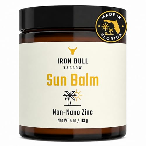 Iron Bull Tallow Sun Balm 20% Non-Nano Zinc Oxide Sun Balm with Beef Tallow Organic Beeswax Sweet Almond & Vanilla Beach Scent Non-White Cast Crafted in the USA 4 oz