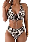 GORGLITTER Neckholder Bikini Damen Set Leo Print Tanga Bikini Mit Vorderverschluss Badeanzug Leopardenmuster Swimsuit Bademode Leoparden L