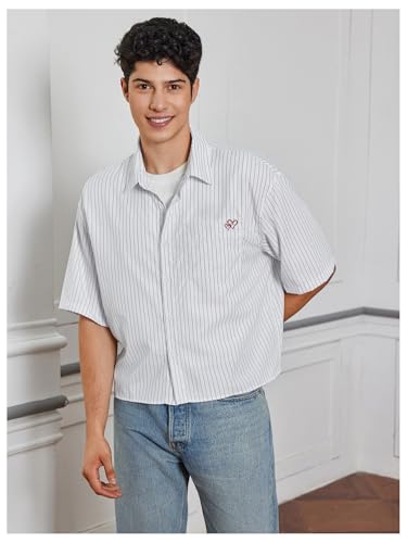 SweatyRocks Men's Striped Button Down Shirt Short Sleeve Collared Loose Fit Crop Shirt with Pocket3