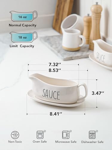 Image of LE TAUCI Gravy Boat with Saucer Stand 16oz, Ceramic Sauce Boat with Tray for Salad Dressings, Creamer, Broth, Black Pepper- Set of 2, Oyster White