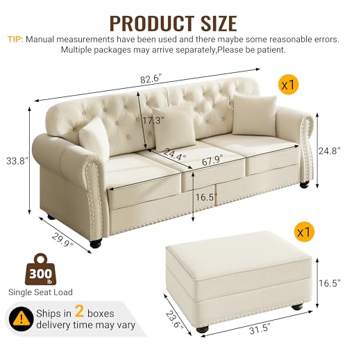Image of KEIKI 83 inch Velvet Chesterfield Sofa with Rolled Arms & Nailhead Trim & 1 Ottoman, Modern 3-Seater Button Tufted Couch with High Resilience Cushion & 3 Pillow, Easy Assembly, for Living Room, White