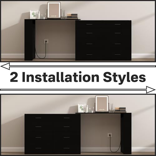 Image of Black Vanity Glass Top with LED Lights,Makeup Vanity Desk with Power Outlets,Corner Vanity with 8 Drawers and 3 Open Storage Shelves,Extendable Modern Dressing Table