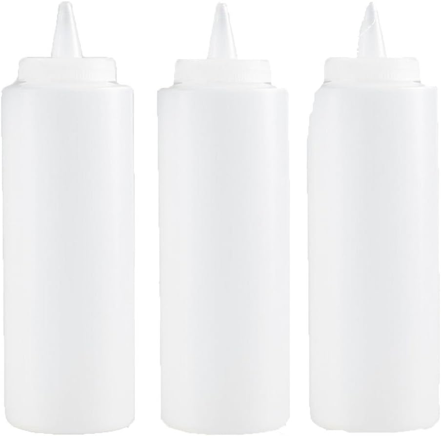 Clear Squeeze Bottle, Condiment Squeeze Bottle, Open-Tip, Screw-On Spout, Polyethylene Durable Plastic, Diner Style, 12 Ounce, Pack of 3
