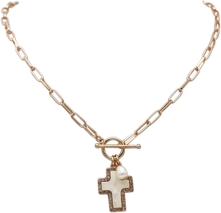 Rosemarie & Jubalee Natural Abalone Shell Cross Pendant with Crystal Edge Detail, Freshwater Pearl Charm, Gold Tone Paperclip Chain Necklace, Toggle Clasp, 18 Inch