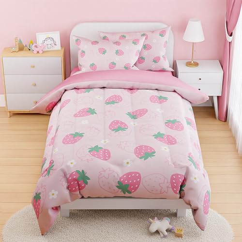 SANDJEST Strawberry Comforter Set Twin Size 68x86in for Kids Girls, Microfiber 3 Pcs Bedding Set Includes 1 Comforter, 1 Pillowcase, 1 Fitted Sheet, Nursery Room Decor