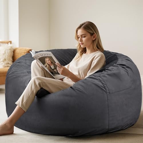 Sweetcrispy Bean Bag Chairs, 4Ft Bean Bags for Adults, Large Oversized Beanbag Chair with Memory Foam Filled and Soft Removable Washable Cover, Comfy Sofa for Living Room Bedroom Dorm, Dark Grey