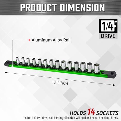 Image of ALOANES Magnetic Socket Organizer Set, 1 /4-Inch Drive Heavy Duty Aluminum Socket Rail Organizer, 360 Swivel Clips Socket Holder Kit for Toolbox Drawer Fit 1 /4-Inch x 14 Clips (Green, 1PC)