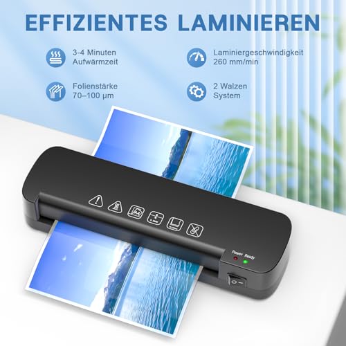 NAHKZNY Laminiergerät A4 Laminierset mit 15 Laminierfolien Blasenfreies Laminieren 2 Walzen System Überhitzungsschutz Mit Anti Stau Technologie Laminiermaschine für Fotos Dokumente Schule Büro Zuhause