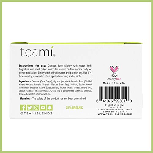 Teami Matcha Green Tea Facial Scrub For Hydrating, Moisturizing, and Exfoliating, Natural Exfoliating Body & Organic Face Exfoliator Sugar Scrub with Lemongrass, Non-Greasy Face Exfoliant