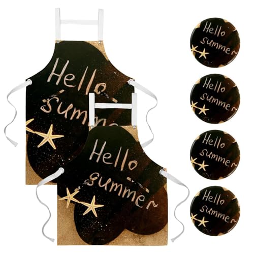 Lot de 2 tabliers de cuisine Hello Summer avec poches pour le service et la maison