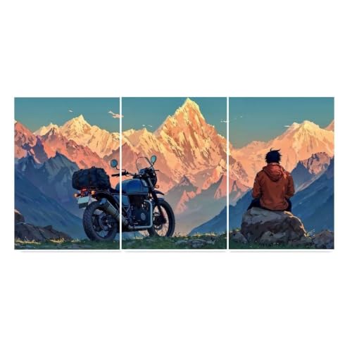 Image of Split Poster Wall Art Set - High Resolution Triptych Mountain Adventure Motorcycle Print - 300 GSM Glossy Paper - Scenic Travel Artwork for Bedroom, Office, Living Room & Gaming Decor (A4 size 9 inchx12 inch)