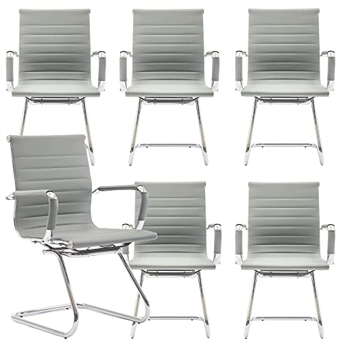 Image of Conference Room Chairs Set of 6, Waiting Room Chairs with Arms, Faux Leather Reception Chairs No Wheels, Office Guest Chairs with Mid Back Support and Chrome Sled Base, Grey