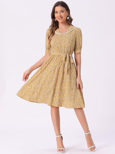 Image of Allegra K Women's Vintage Peter Pan Collar High Waist Flowy Midi Puff Sleeve Floral Dress