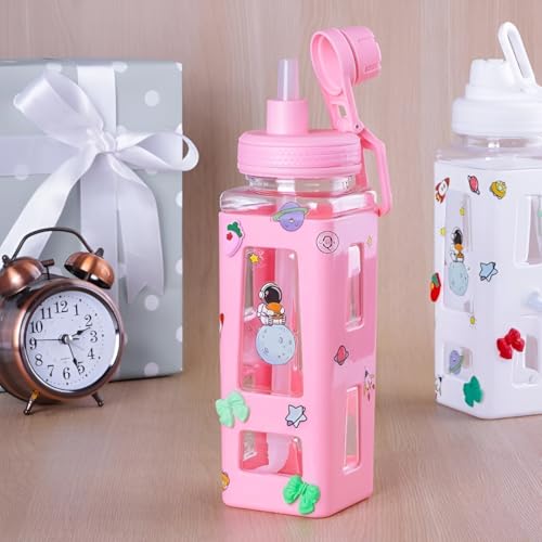 Image of LHOTSE FreeSip Cute Square Water Bottle for School with Straw & Leakproof Lid - Large Capacity Kawaii Bottle for Kids, Girls & Office Use (Pink)