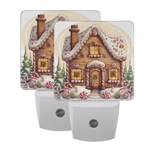 Image of Christmas Gingerbread House Night Lights 2 Pack Plug-in Wall Led Nightlight Auto Dusk-to-Dawn Sensor Lamps for Bedroom Kitchen Bathroom