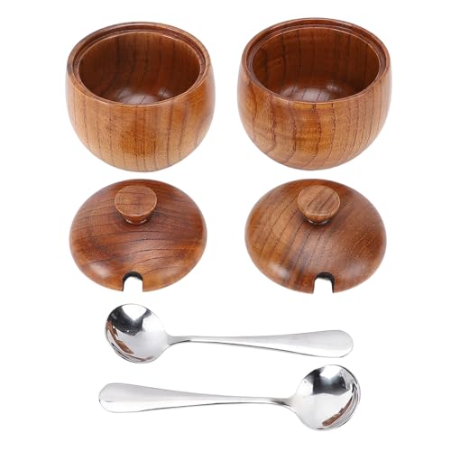 2 Piezas Jar de Condimentos de Madera, Contenedor de Condimentos de Azúcar de Tazón de Sal de Madera Multifuncional con Tapa y Cuchara para la Cocina en Casa