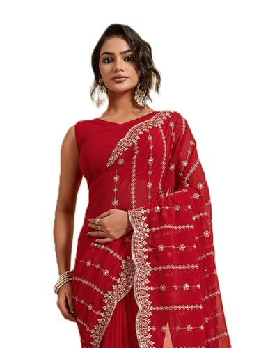Sari de travail en soie Ekasya Georgette E6429 brodé avec chemisier assorti pour femme