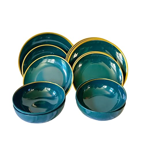 Melamine Dinnerware Sets, Dish Washer Safe -Melamine Dinner Plates Set Of 12-100% Bpa Free Melamine Plates And Bowls, Casual Dinning Outdoor And Indoor Party. Birthday Party, #TOP2