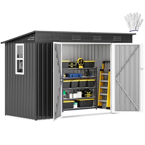 Image of DWVO 9x4ft Metal Outdoor Storage Shed with Window, Lockable Tool Storage Sheds, Oversized Steel Garden Sheds with Sloped Roof for Backyard, Patio, Garage, Lawn, Dark Gray