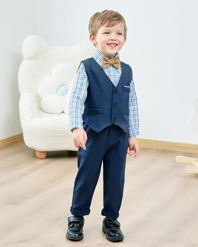 Image of ZOEREA Toddler Boy Suit Formal Wedding Outfits Gentleman Clothes Long Sleeve Shirt + Suspender Pants + Bowtie