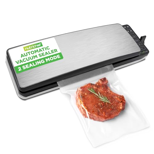 NutriChef Automatic Food Vacuum Sealer Machine - Electric Air Sealing Preserver with 5 Reusable Bags, LED Controls, High-Power Suction, for Dry & Moist Foods, Stainless Steel Housing