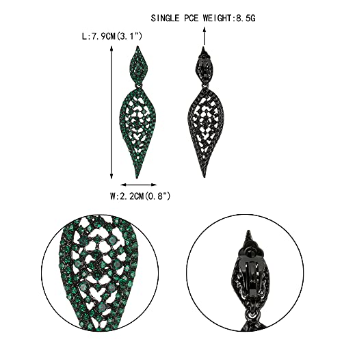 Ever Faith Art Deco Clip-On Dangle Earrings, St Patricks Day Leaf Round Rhinestone Crystal Chandelier Drop Earrings For Party Green Black-Tone #TOP4