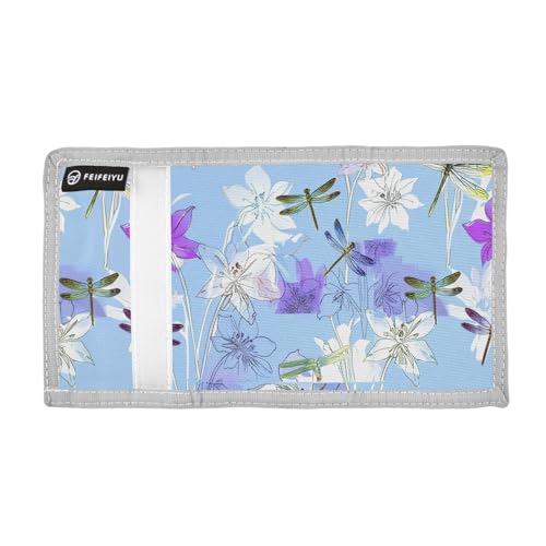 Flowers Dragonflies Blue Kids Wallet for Boys Girls Trifold Sport Outdoor Wallets for Children Youth Teen Wallet with Zippered Coin Pockets Card Holders Front Pocket Wallets with Magic Sticker2