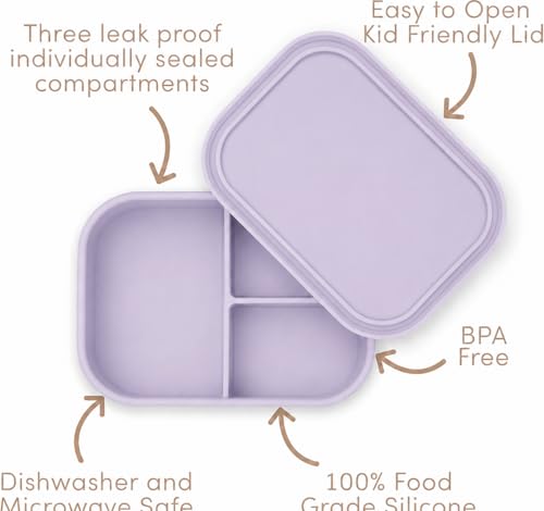 Image of Kids Bento Box - 3 Compartments, Leakproof Lunch Box, BPA-Free Snack Container, Divided Lunch Box for Toddlers & Kids, Dishwasher Safe, Easy to Clean (Lilac)