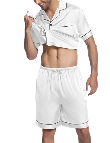 Ekouaer Mens Satin Pajamas Set Button-Down Short Sleeve Shirt Top Soft Silk Sleepwear Shorts with Pockets3