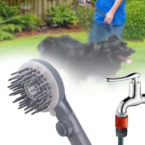 YOO.MEE Pets Bathing Shower, Dog Washing and Cleaning Out-Door, w/Rubber Grooming Teeth for Massaging and Grooming, w/Pause Button, Fitting on 3/4'' Garden Faucets