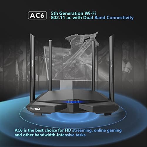 Tenda AC6 AC1200 Dual Band Wireless Cable Router,867Mbps/5GHz+ 300Mbps/2.4GHz, IPV6, Parental Control, Guest Network, 4*5dBi externe Antennen, WPS, Black