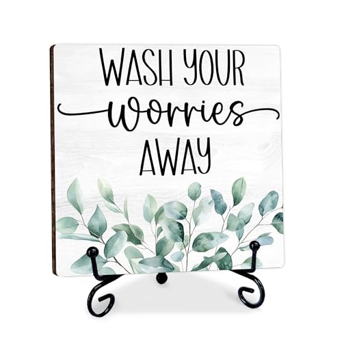 5'' Bathroom Wooden Sign with Metal Stand - Wash Your Worries Away - Botanical Rustic Farmhouse Religion Desktop Decor for Bathroom Desk Shelf, Restroom Decor & Gifts For Friend Family - A15
