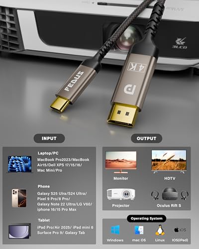 Image of FEDUS PIXOR Type C to DisplayPort Cable 1.5m (4K@60Hz, 2K@144Hz) Braided USB C to DP 1.2 Cord for Thunderbolt 3 /4 For iPhone 17 /16 /15 Pro Max, MacBook M3 /M2, iPad Pro, Galaxy S26 /25 /S24 Ultra, XPS
