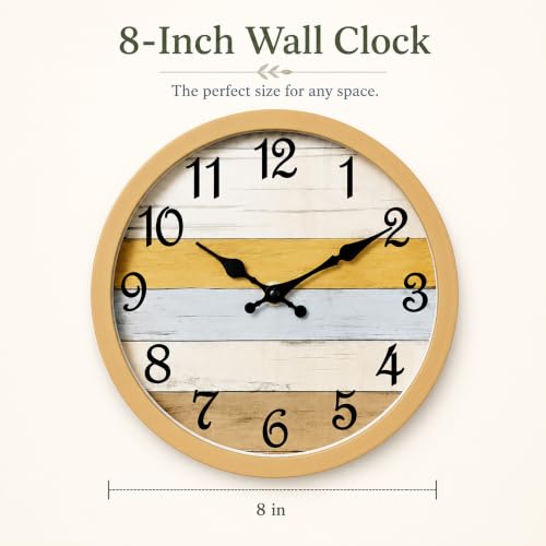 Image of CHYLIN Yellow Wall Clocks Battery Operated 8 Inch | Easy To Read Vintage Clock Decorative for Kitchen Bedroom Office Bathroom